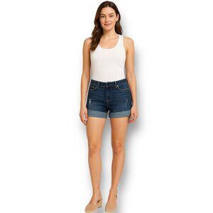 PAIGE 30 Dark Wash Denim Shorts Cuffed Hem Distressed Medium Wash Stretch Summer